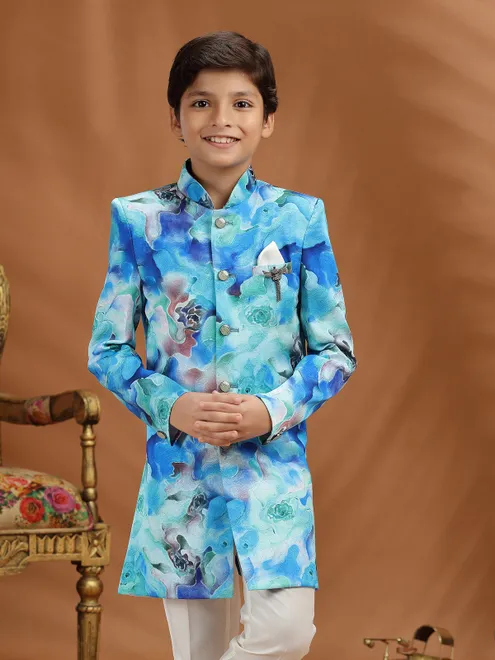 Aqua silk printed boys indo western outfit