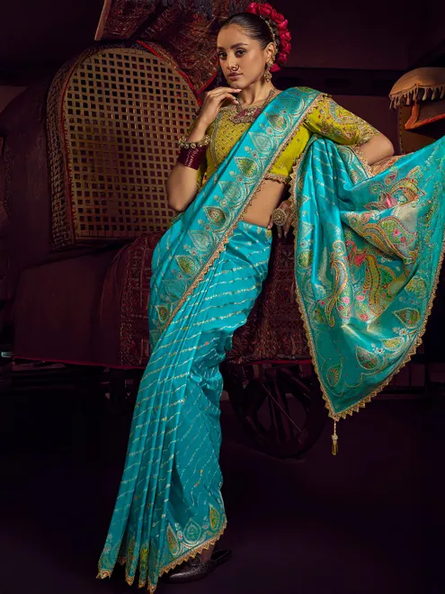 Aqua silk saree with zari work for women