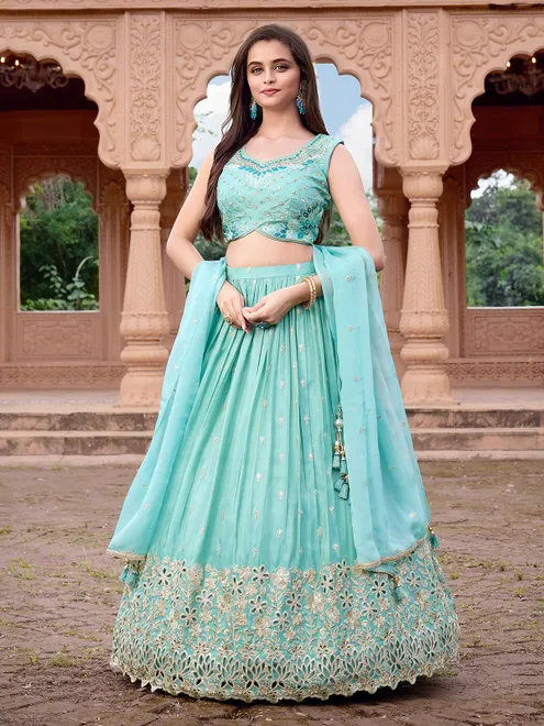 Aqua silk wedding wear lehenga choli for girls