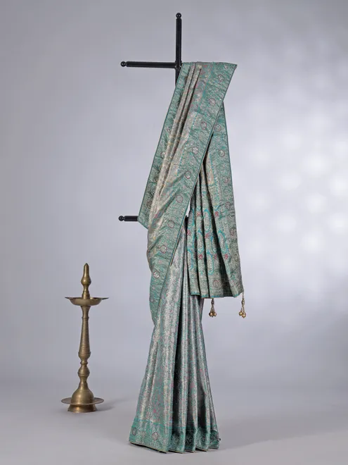 Aqua tissue silk kanjivaram heavy work saree