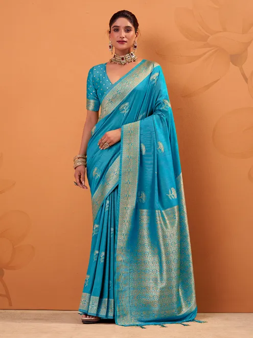Aqua tusser silk saree with lustrous zari detailing