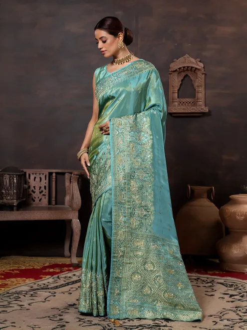 Aqua wedding wear saree in soft dola silk