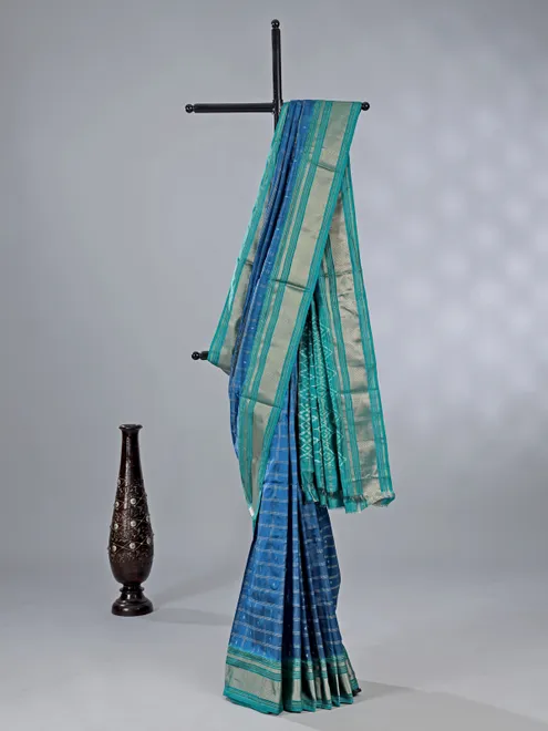Aqua zari weaving patola silk saree with printed patterns