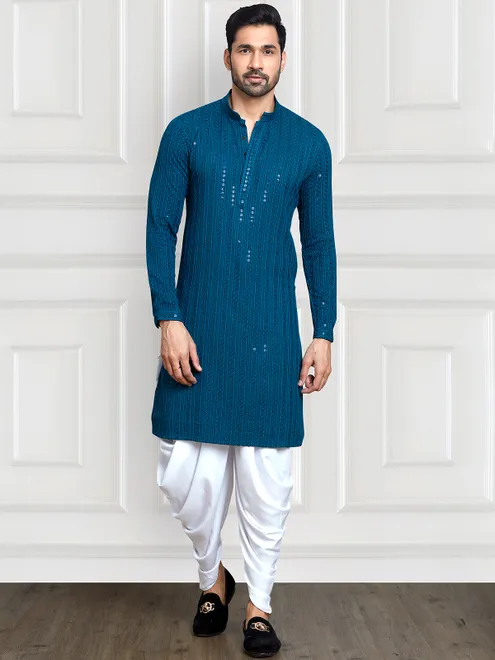 Attractive rama blue embroidery  Men Kurta pajama