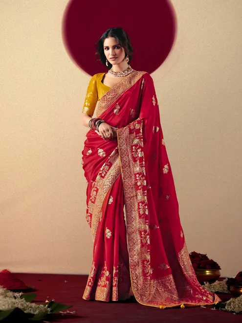 Attractive red  dola silk saree