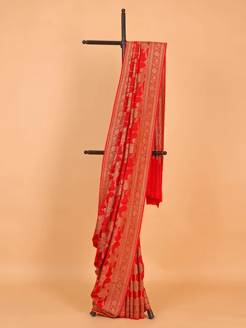 Attractive sikl red saree with zari work
