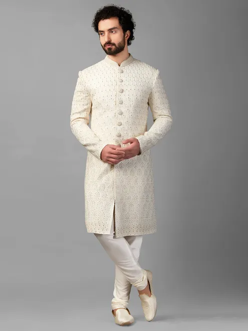 Awesome off-white silk sherwani for wedding