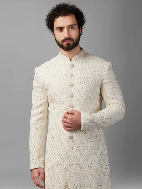 Awesome off-white silk sherwani for wedding