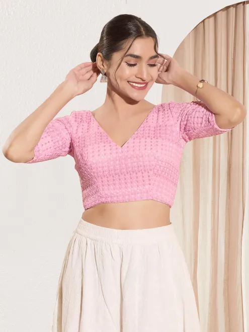 Baby pink crochet embroidered v neck festive blouse