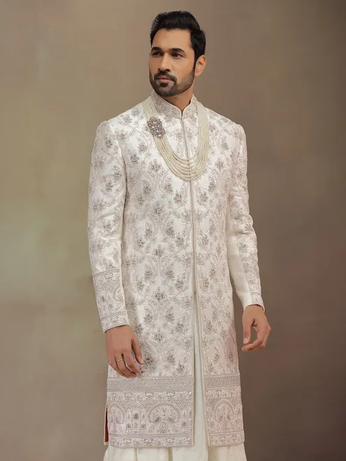 Baby pink peshwa groom sherwani in premium silk