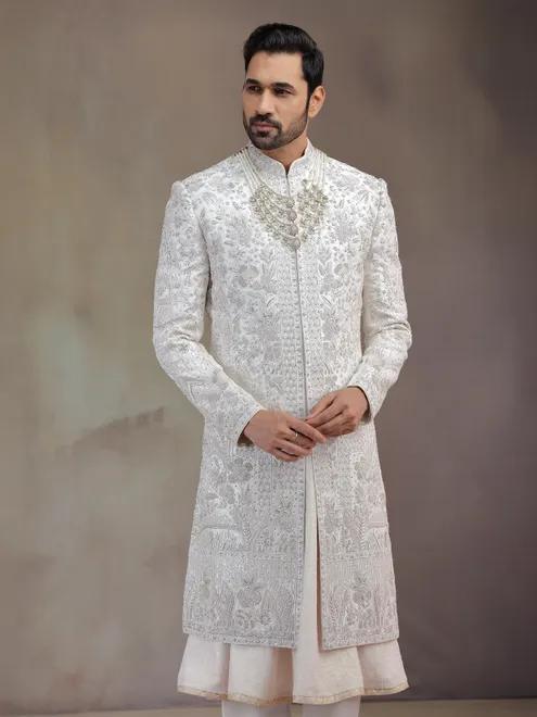 Baby pink peshwa silk groom sherwani