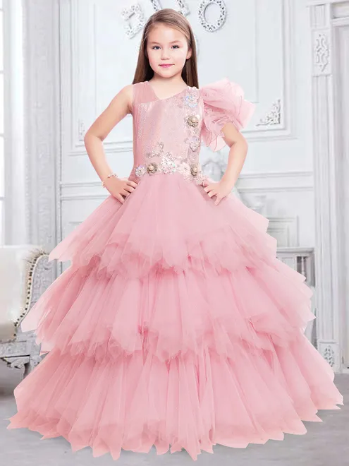 Baby pink rich net party and reception gown