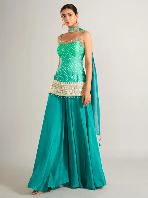 Bandhani print silk rama green palazzo salwar suit