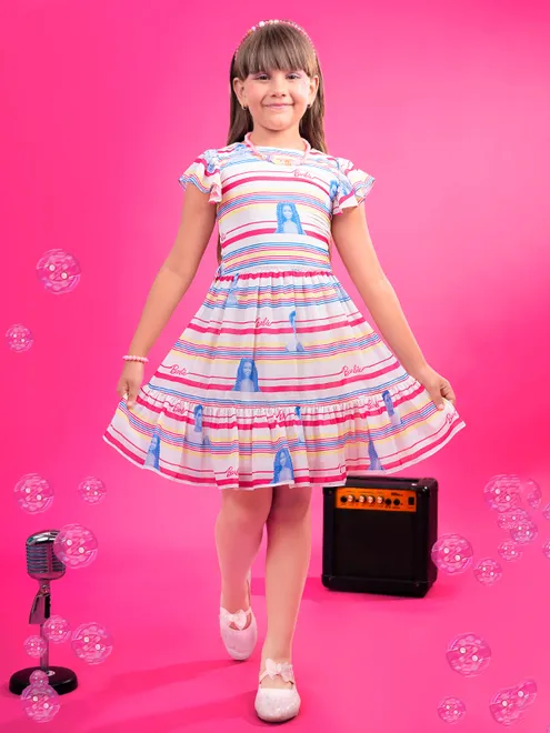 BARBIE white and pink stripe frock