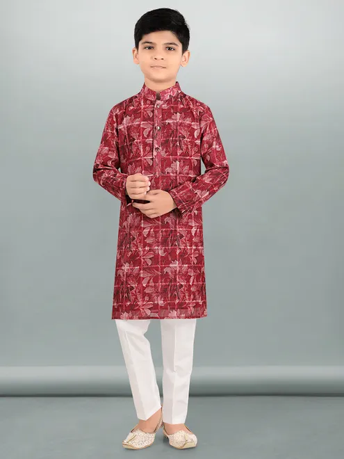 Beautiful flower printed wine kurta suit for festival for boys