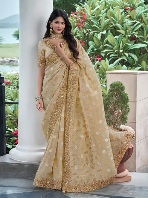 Beautiful golden saree in tissue silk