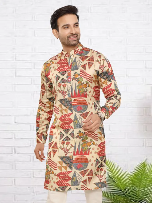 Beige abstract floral printed kurta for festive