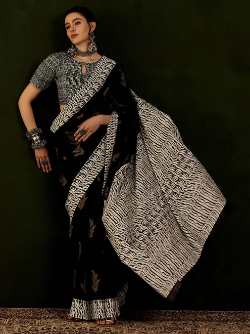 Beige and black bhagalpuri silk printed saree