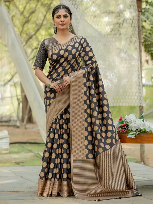 Beige and black kozi silk saree with prints