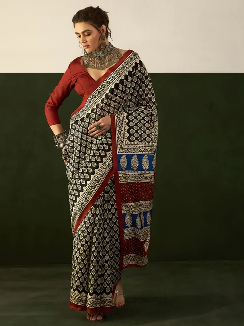 Beige and black saree in bhagalpuri silk with print