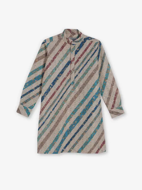 Beige and blue cotton silk kurta
