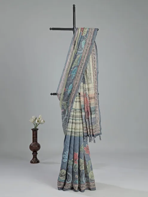 Beige and blue semi cotton saree