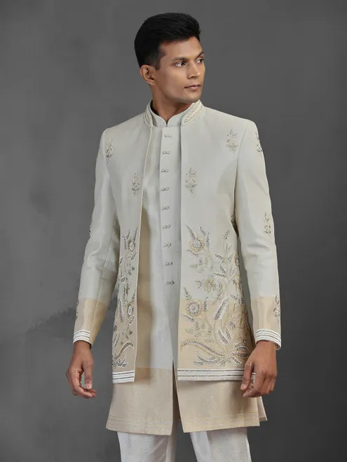 Beige and gold silk jacquard Indowestern set with intricate embellishments