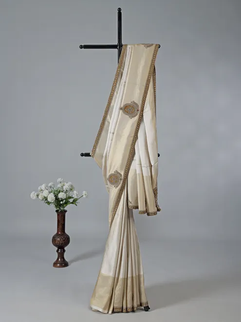 Beige and gold silk wedding zardosi saree