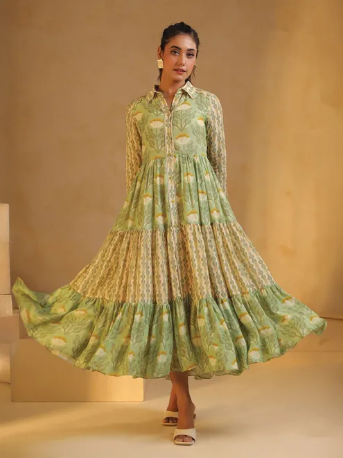 Beige and Green printed silk kurti