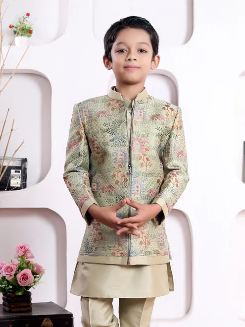 Beige and green silk embroidered indo western set