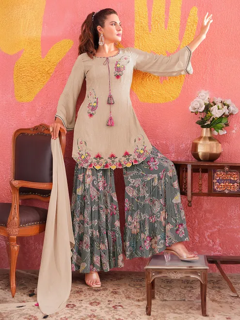 Beige and grey silk printed palazzo suit with cutdana work