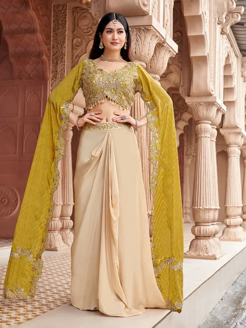 Beige and olive satin silk indo western Suit