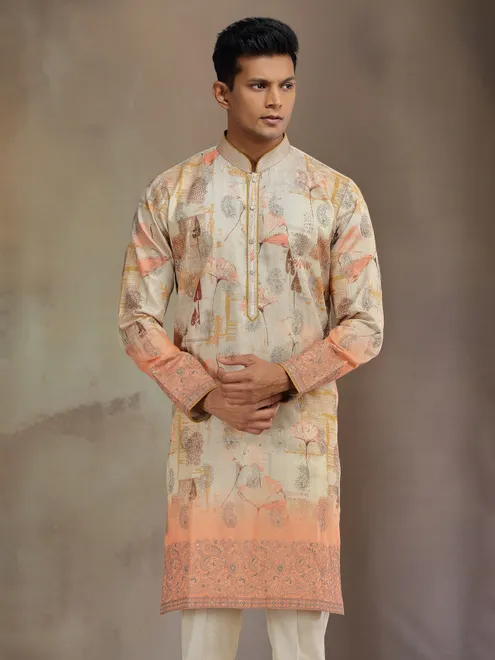 Beige and peach printed kurta pajama in cotton tissue silk