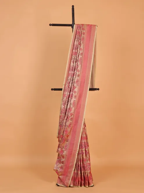 Beige and pink silk saree with zari work