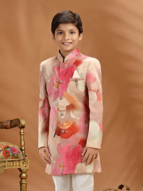 Beige and pink terry rayon printed indo western