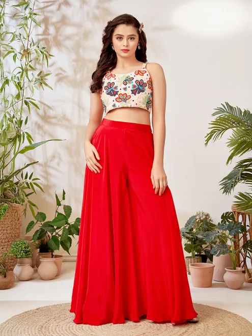 Beige and red elegant crepe silk palazzo suit