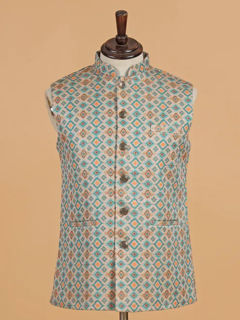 Beige and sky blue cotton silk waistcoat for men