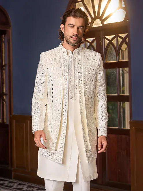 Beige art silk aabla work indo western jacket