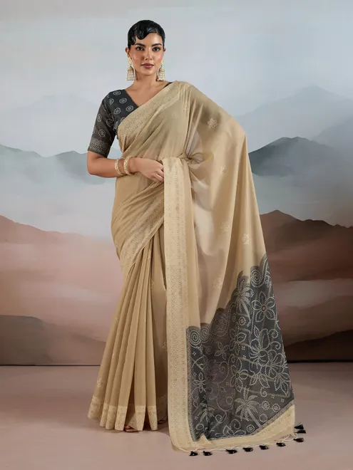 Beige bandhej inspired viscose cotton saree for festive