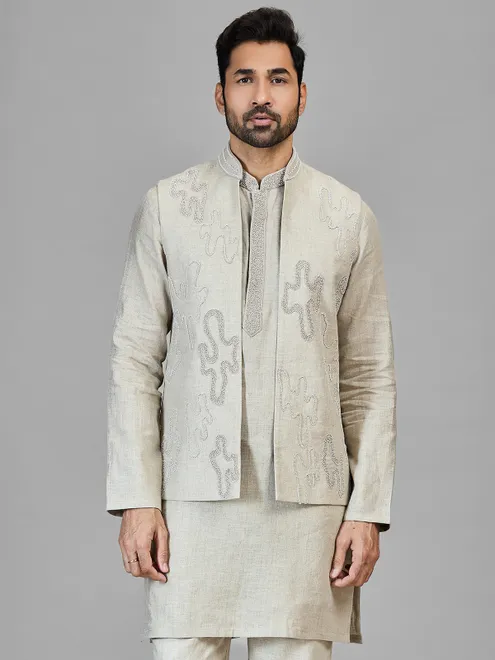 Beige beads worked pure linen wastcoat set