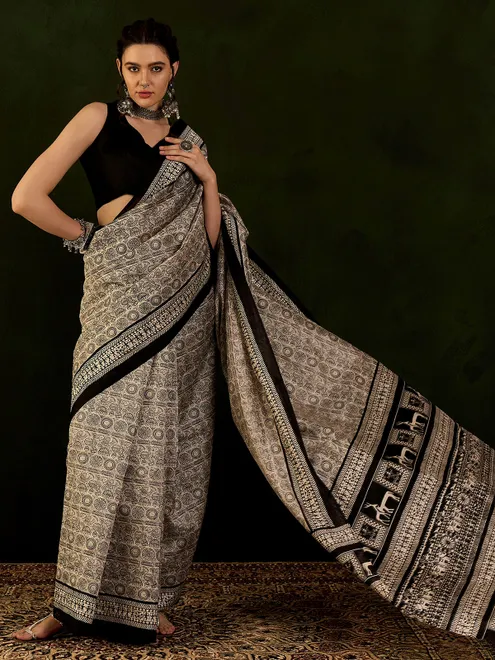 Beige bhagalpuri silk printed saree