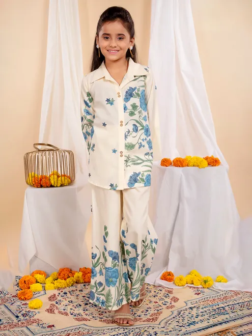 Beige blue floral palazzo set