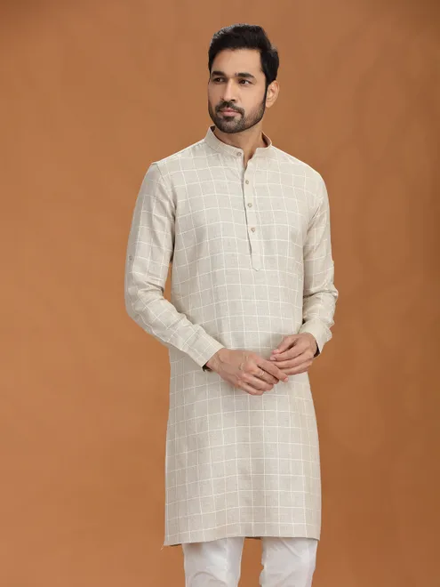 Beige checked linen kurta set for mens