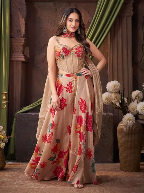 Beige chiffon designer palazzo suit