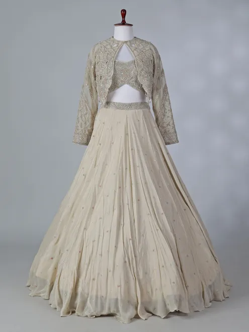 Beige chiffon silk jacket style lehenga choli