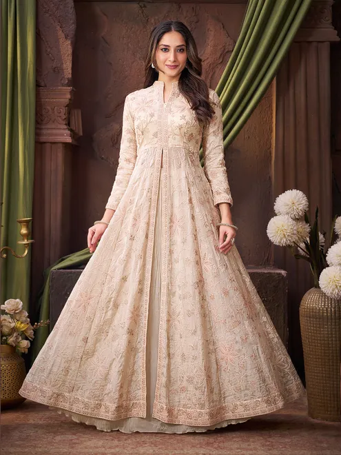 Beige chiffon tissue silk lehenga suit