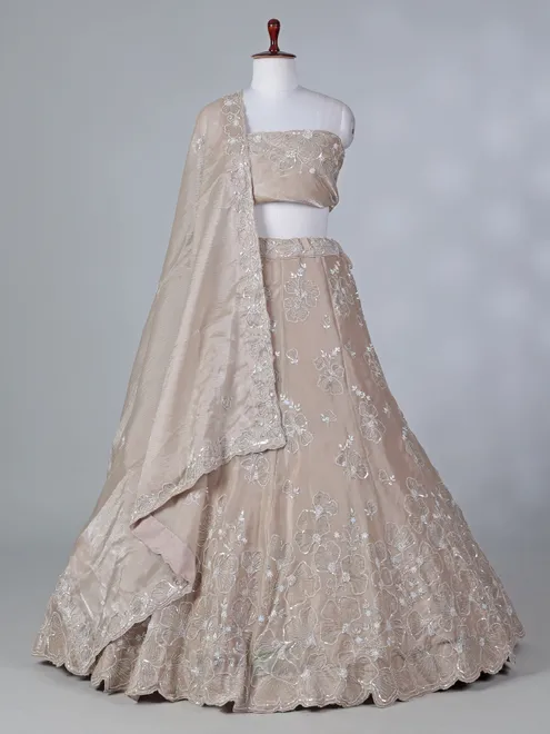 Beige chiffon unstitched lehenga choli with zardosi work
