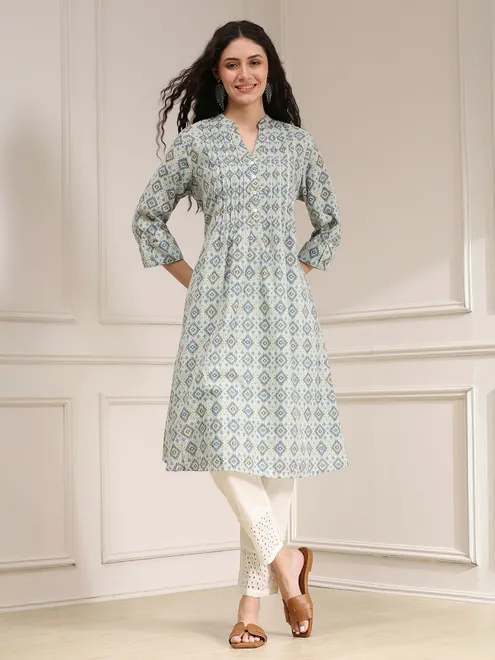 Beige cotton casual printed kurti for women