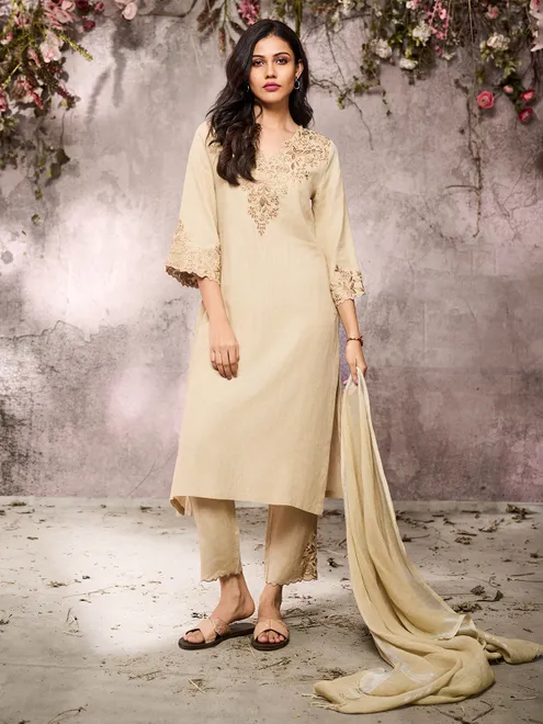 Beige cotton festive wear kurti set with embroidery