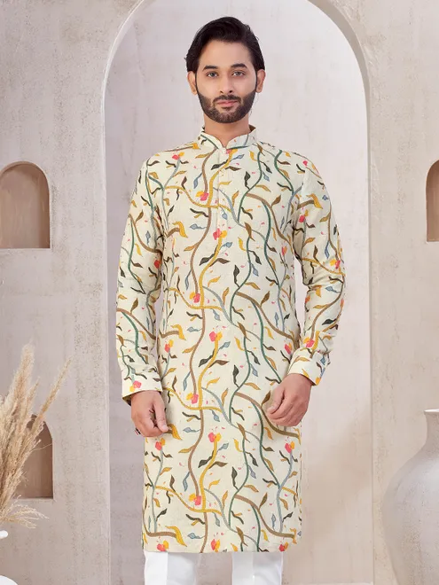 Beige cotton festive wear printed kurta suit